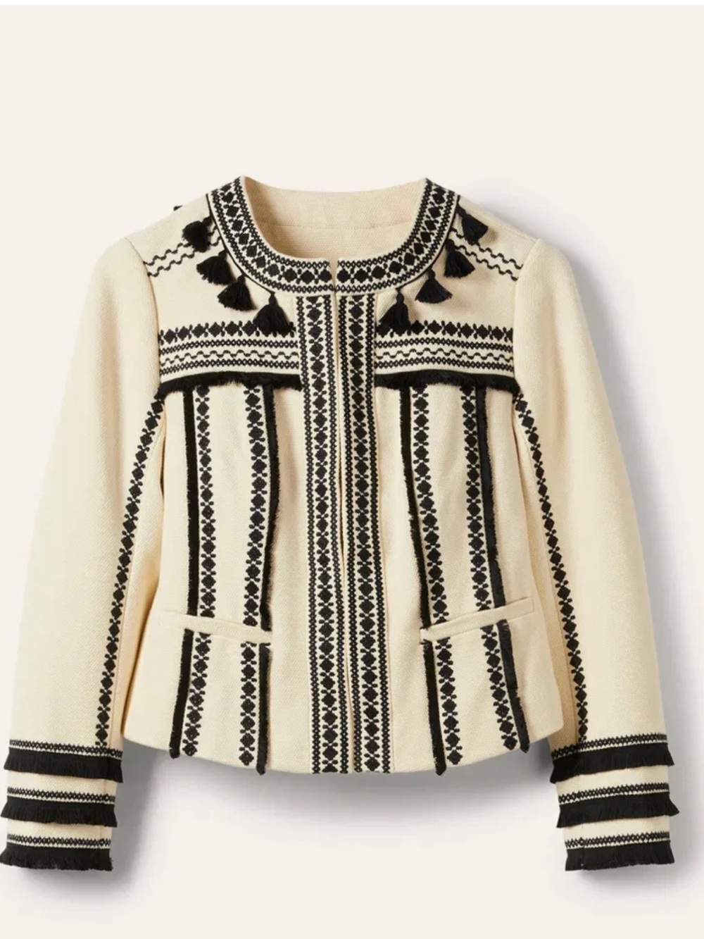 Boden Cream Jacket with Black Embroidered Trim NWT